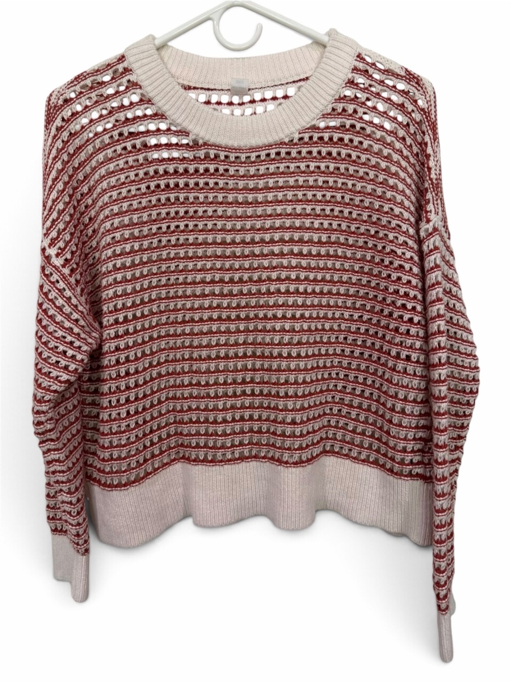 Women’s Open-Knit Crewneck Sweater in Cream and Rust